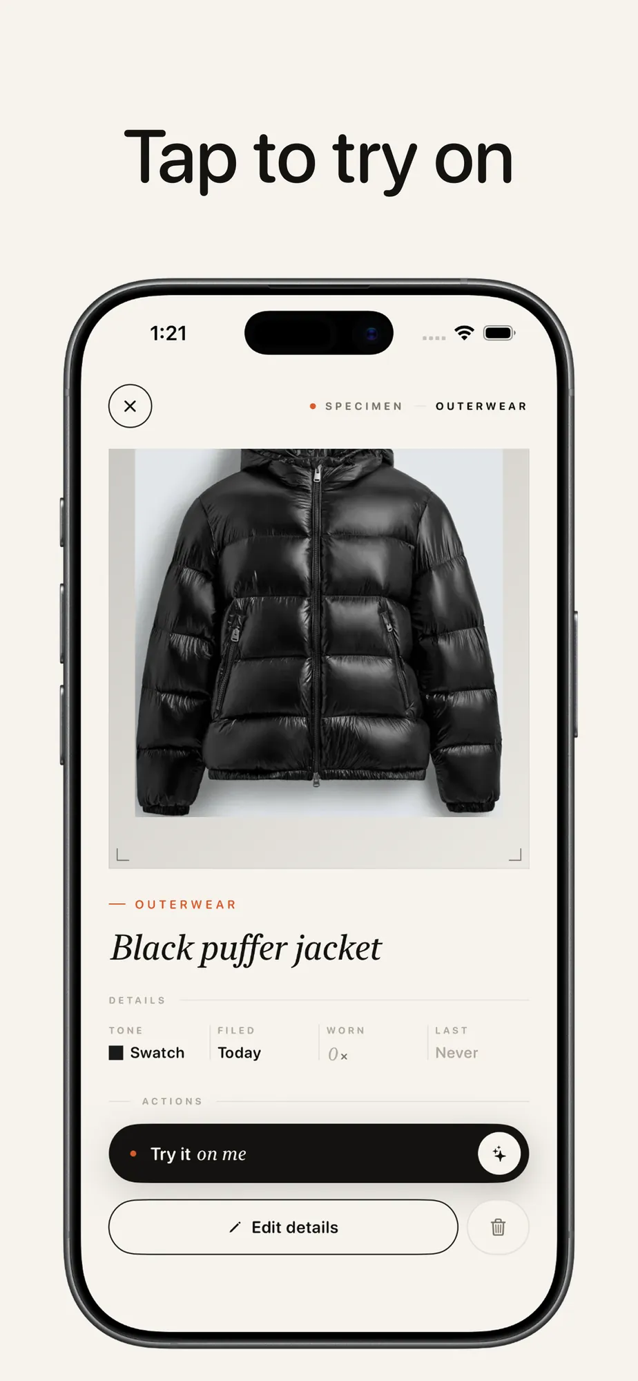 A wardrobe piece with one-tap try-on